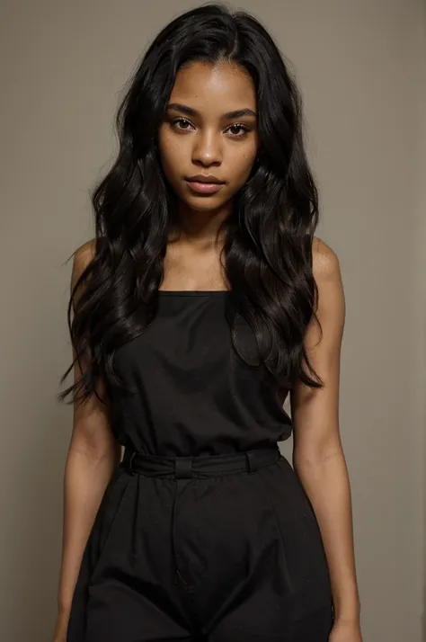 Photo of an 18 year old black girl with brown eyes, double toned lips, high cheekbones and waist-length wavy black hair