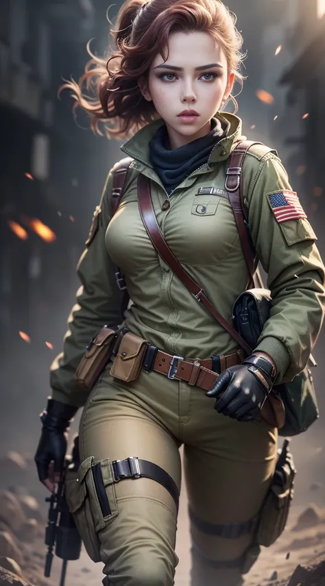 High resolution ultra-realistic uniform beauty Scarlett Johansson, Wandering in the war zone, High-intensity light and shadow, Super photo, Emphasize the hardships of women wearing, Render high-definition skin textures, A new visual experience.