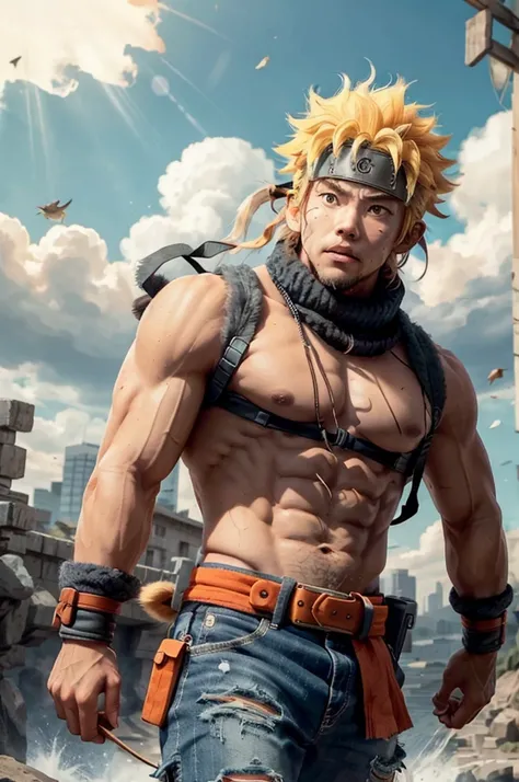 Sun Wukong，1Boya Focus，Big muscular man，rock，belt，Serious，solo，sparrow hair，shirtless male，torn clothes，Ultra Instinct，black eyes，combed blonde hair，（（masterpiece））