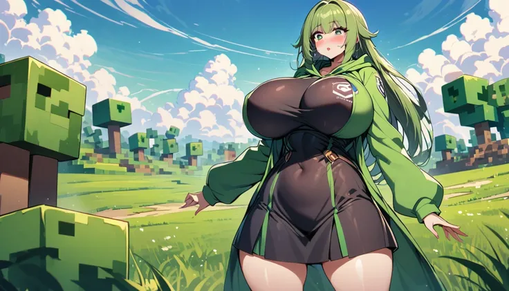 minecraft Creeper green hoodie Creeper logo Breast expansion Super big breasts grassland personification full-body shot