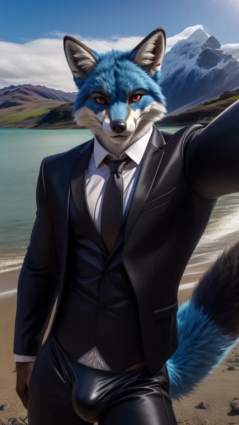 A 25 year old adult male with muscular fox fur looking at the viewer alone in New Zealand，Looks happy，Wearing a very sexy tight thong，blue fur and red eyes，Posing for the camera outdoors，Now pair this champion with a black suit and tie