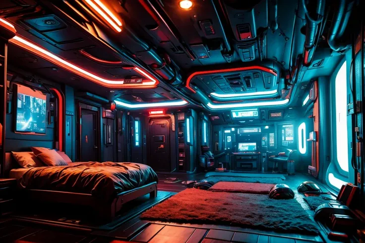 A room with a view of a sci-fi high room, with several ships outside. Inspirado em Cyberpunk 2077 e BladeRunner 2049.
