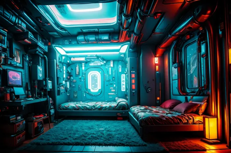 A room with a view of a sci-fi high room, with several ships outside. Inspirado em Cyberpunk 2077 e BladeRunner 2049.
