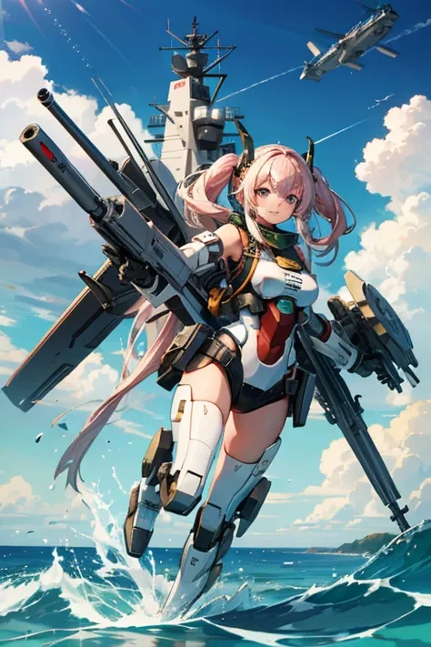 highest image quality, highest quality,High definition, high resolution image quality,8k. A-Meaha Musume.1 girl ,mecha musume.on the sea,Taking off from an aircraft carrier,have a gun long rifle,