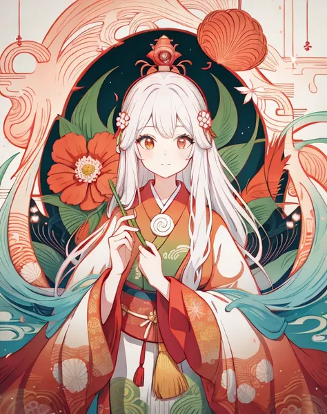 a painting of a woman with long hair and a flower in her hand, korean art nouveau anime, japanese goddess, flowing hair and long robes, anime fantasy illustration, inspired by Sōami, akira from chinese mythology, japanese art style, a beautiful kitsune wom...