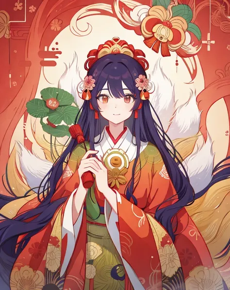 a painting of a woman with long hair and a flower in her hand, korean art nouveau anime, japanese goddess, flowing hair and long robes, anime fantasy illustration, inspired by Sōami, akira from chinese mythology, japanese art style, a beautiful kitsune wom...