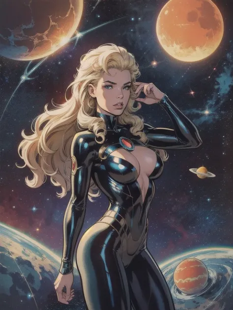 best quality, masterpiece, woman space retro futirism, beautiful face,hi-tech armour over silver latex suit, long curly blonde hair,in deep space, with several planets and suns in the background