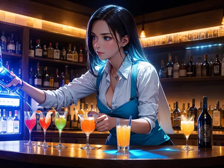 1 beverage cart, woman in a bar, night, LED light, Blue LED, night, , Drinks 5 euros, Bartender making drinks  