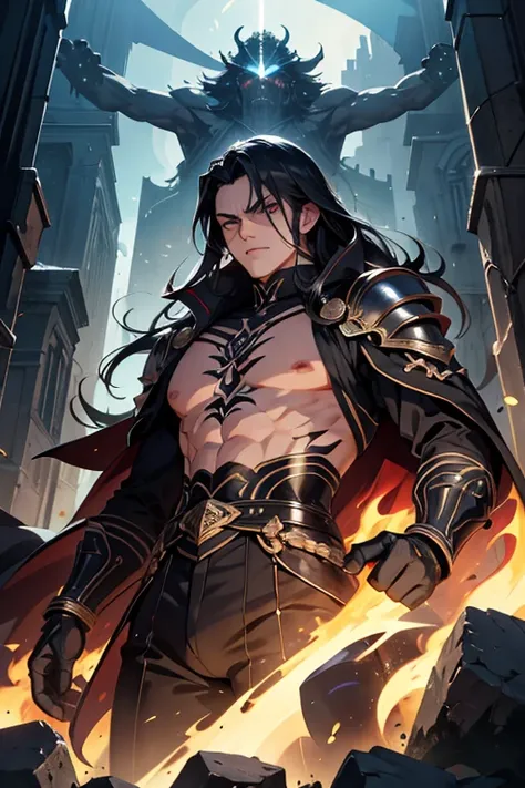 um close de um homem com cabelo negro e vestindo armadura preto, artegerm e Rossdraws, estilo artegerm, artegerm extremamente detalhado, artegerm lau, personagem dnd de homem humano, tom de pele branca,"demon king"masculine and virile, imposing and arrogan...