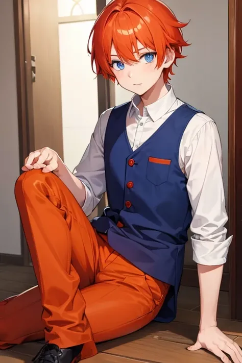 1boy, orange red hair with medium length, blue eyes, stylish clothes