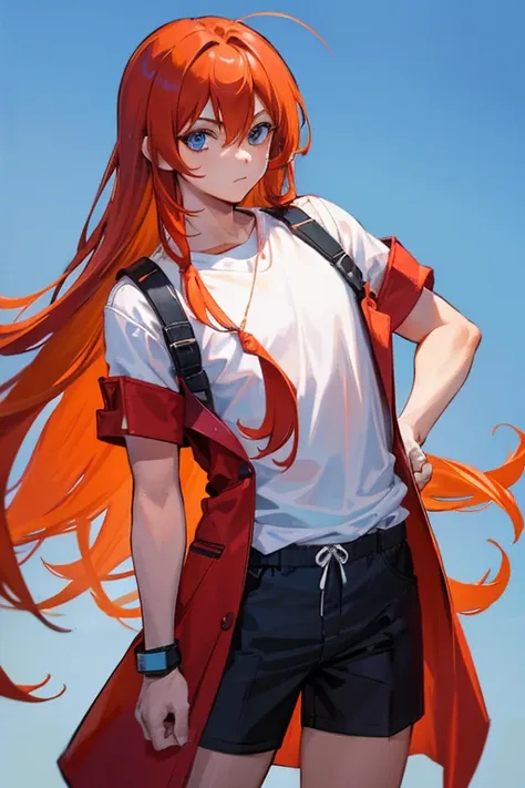 1boy, orange red hair with, long hair, blue eyes, stylish clothes