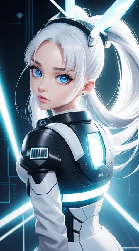 Ponytail full body internet girl. ariana grande face. The bright white color indicates that she is a cyber girl holding a white laser gun. white eyebrows. Clothes like cat outfits. She also has bright blue eyes. The environment is similar to a terminator. ...