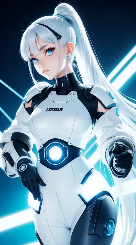 Ponytail full body internet girl. ariana grande face. The bright white color indicates that she is a cyber girl holding a white laser gun. white eyebrows. Clothes like cat outfits. She also has bright blue eyes. The environment is similar to a terminator. ...