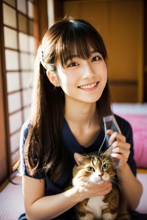 A super beautiful Japanese woman playing with a kitten