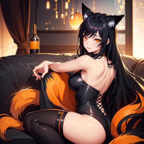 a girl, sitting with her back towards the viewer, emphasizing her buttocks, in revealing clothing,illustration,ultra-detailed,professional,highres,vivid colors,bokeh,studio lighting,detailed face and hair, ((long black hair)),((cat ears)),((orange eyes)), ...