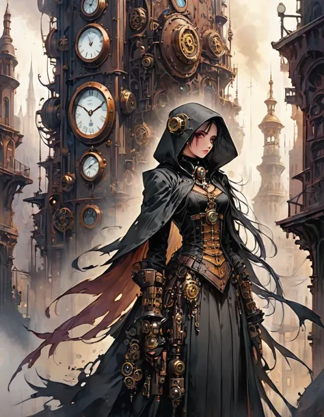 A mesmerizing and ultra-high-resolution emo art masterpiece set in a steampunk world. A stunningly beautiful nun is depicted, wearing an intricate and detailed outfit that includes a long, hooded robe, corset, and a variety of steampunk-inspired mechanical...