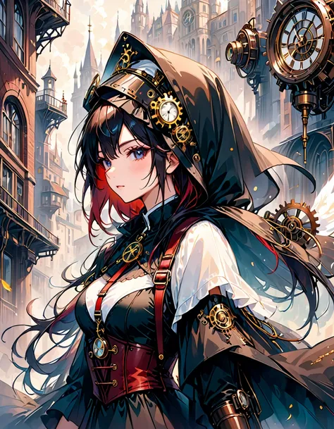 A mesmerizing and ultra-high-resolution emo art masterpiece set in a steampunk world. A stunningly beautiful nun is depicted, wearing an intricate and detailed outfit that includes a long, hooded robe, corset, and a variety of steampunk-inspired mechanical...