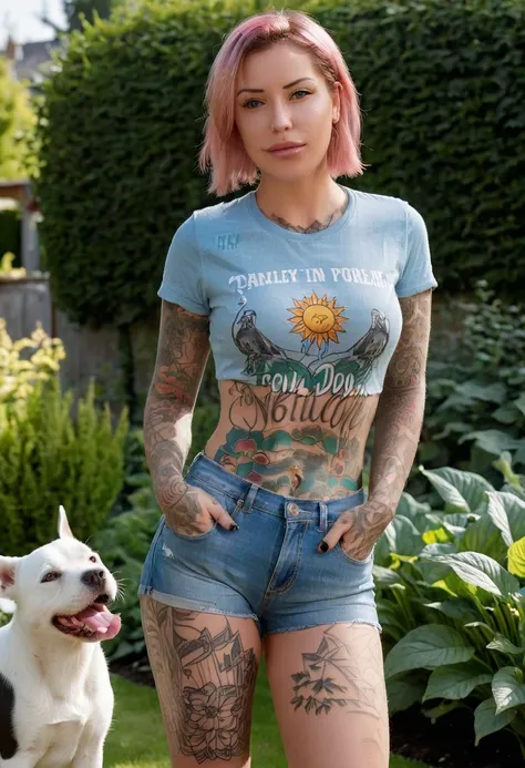 realistic, 8k, laurence bedard is in her garden playing with her dog and wearing denim shorts and a t-shirt, her full body tatto...