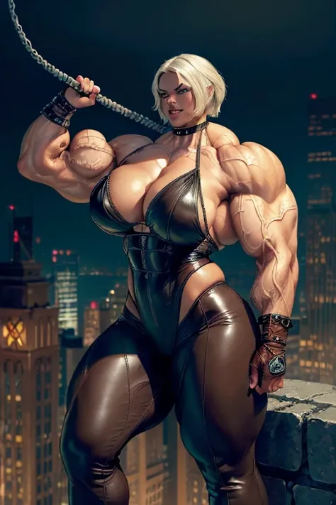 (((((Massive tall, beautiful, buff, brown skinned muscular woman with white hair, ginormous bulky muscles, holding a long whip and wearing a leather catwoman costume with pants))))), cleavage, close view, massive muscle, massive biceps, hyper muscle should...