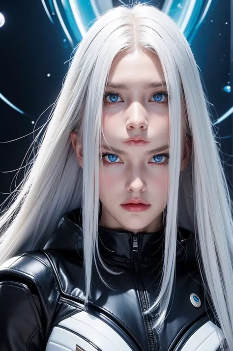 woman and ,golden white hair,blue eyes,,,black space suit