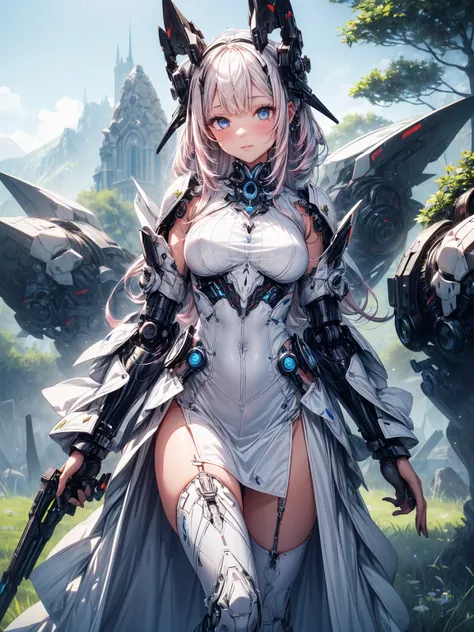 (1 girl: 1.0),
(25 years old:1.0), (medium breasts: 1.2),  (pink medium hair:1.0),
(beautiful face:1.1), (Clear blue little eyes: 1.0), (cybernetic gynoid: 1.0), (highly elaborate mech suit:1.0),
(white gothic cuirass:1.0), (doll joints: 1.0), (white luxur...