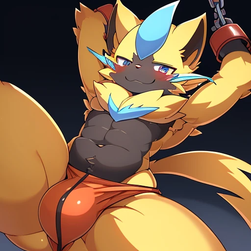 (((detailed eyes, detailed face))), zeraora, male, (plump:1.4), (red fundoshi, bulge, topless), standing, (arms above head, bondage, cuff (restraint), chains), smile BREAK (konzaburou, ukan_muri, cute), (soft shading), blush, sweating, 8k, UHD, masterpiece...