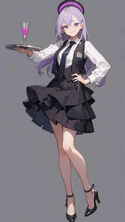 purple,High cut layered hair,woman,bartender,vest,shirt,tie,high heels,all,simple background,smile,whole body,full body,full body,Standing picture,vtuber,upright,,look forward to,