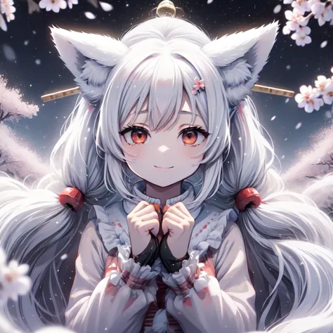 1 girl, , long hair, low twin tails, fuzzy twin tails, white hair, fox ears, animal ear fluff, fox eyes, cherry blossoms, spring...