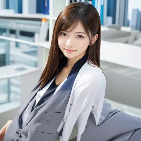 Japanese beauty、Business service, gray skirt, business clothes, Work clothes, Work clothes, catalog photo, from me, Detailed image, business clothes装, Portrait Center, grey, white shirt and gray skirt, wearing a business casual dress、Her white panties are ...