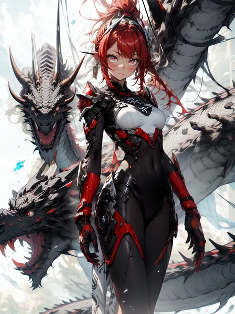 be realistic，（masterpiece，highest quality，highest quality，very detailed，fractal art，most detailed，（abstract background：1.5）（1 girl），Kamimei，（Redhead Ponytail），（red eyes shine、breasts get bigger，stunned)，Abyss Stick、crystallization，high leotard、sexy、machine...