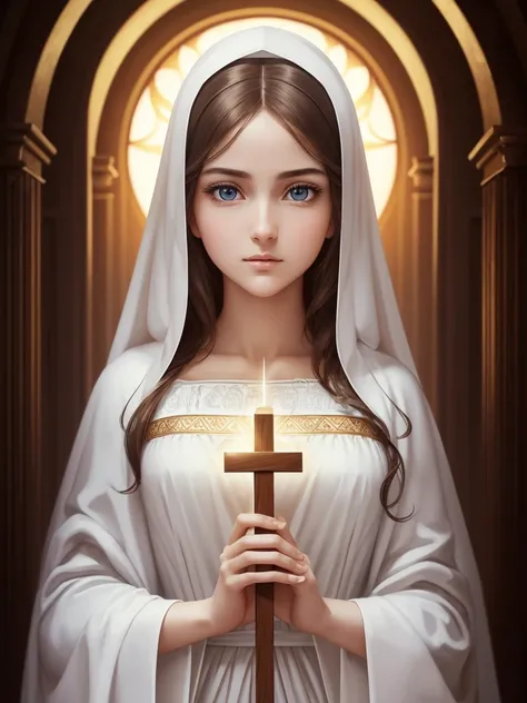 Mother Mary.Caucasian woman in white holy robe holding cross.The sweet and innocent angelic shape of Holy Light,holy high quality, masterpiece, 

                   Exquisite facial features, exquisite eyes,high-definition, beautiful light and shadow, The ...