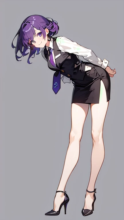 purple hair,woman,bartender,vest,shirt,tie,high heels,simple background,smile,whole body,full body,full body,Arms at sides,Standing picture,vtuber,upright,,look forward to,body facing forward