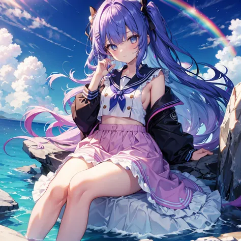 feet out of frame, sideboob, abs, a girl, 10 years old, long hair floating everywhere, messy hair style, asymmetrical bangs, eyes visible through hair, azure hair, Iridescence and rainbow hair, Only his head was above the water, Shock sensation, tareme, fl...