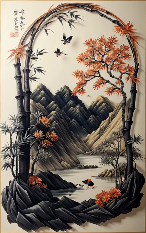 shukezouma, shuimobysim, ((starling)), willow branches, (masterpiece, best quality: 1.2), ((Traditional Chinese ink painting)), model style, bamboo branches, bamboo, wuchangshuo, red, orange, black, fire, starling, bird
