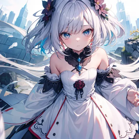 wide view, Personage as the main perspective, chibi, girl, short red hair, flipped hair, wept bangs, eyes visible through hair, white and silver hair, two-tone hair, detailed beautiful face, gloom expression, beautiful detailed deep eyes, flat chest best q...