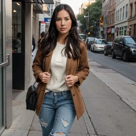 Olivia Munn dressed in wool jacket with ripped jeans