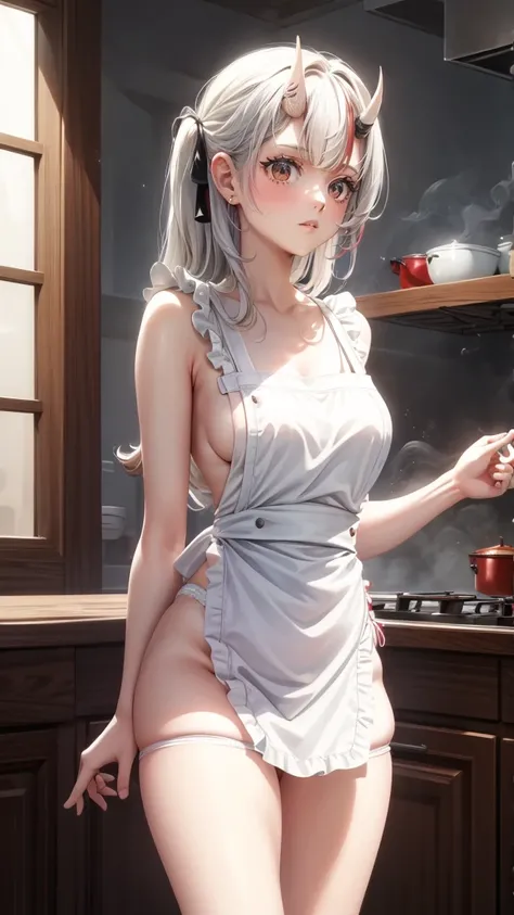 (masterpiece:1.3),(highly detailed:1.3),(highres:1.1),best quality,Ultra-detail,1girl,solo,kitchen,jelofolkwang,naked apron,((white apron)),ass,sideboob, unclear clothes , white pantie, ((perfect body)), salon,((take off pantie)),hand pantie 