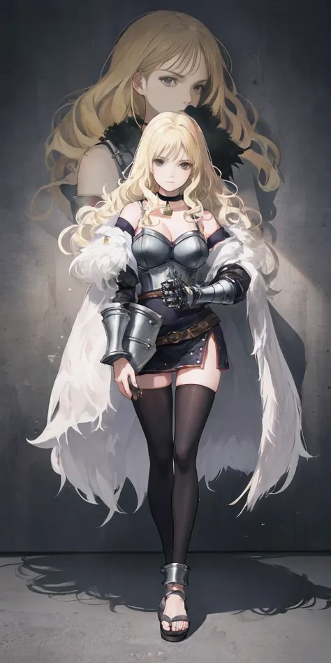 standing straight symmetrical, full body, solo girl looking to the camera, beautiful woman, viking warrior, fur cloak, armor, blonde hair, wavy hair, (closeup, portrait shot), (solo), realistic, cow bell choker, metal sandals, black thigh highs