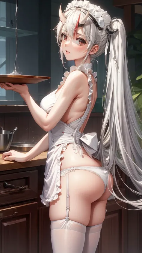 (masterpiece:1.3),(highly detailed:1.3),(highres:1.1),best quality,Ultra-detail,1girl,solo,kitchen,jelofolkwang,naked apron,((white apron)),ass,sideboob, unclear clothes , white pantie, ((perfect body)), salon,((take off pantie)),