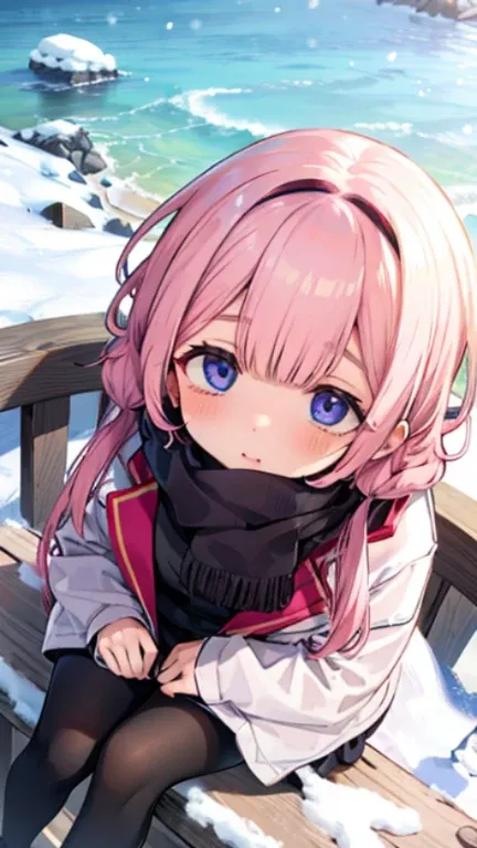 、Peep、A sneak peak、Shyness、blush、embarrassing、blush、peak、、sit with legs stretched out、bench、顔をscarfで隠す、wear a coat、snow原、snow像、snow、cold、scarf、scarfを巻く、降snow高解像度、Full HD、8K quality、、、droopy eyes、、、eye highlights、lively eyes、clear eyes、beautiful eyes、、口元をsc...