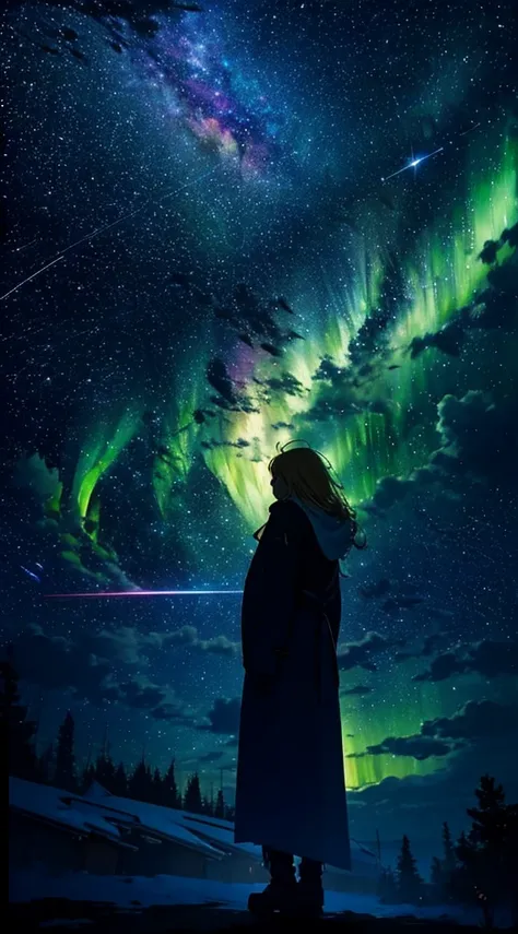 １people々,blonde long hair，white long coat，silhouette， Rear view，space sky, milky way, anime style, Green Northern Lights，