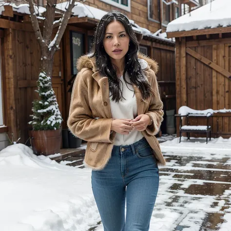 Olivia Munn in the snow wearing lion fur coat with jeans