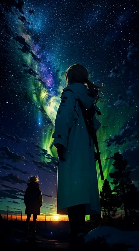 １people,blonde long hair，white long coat，silhouette， Rear view，space sky, milky way, anime style, Green Northern Lights，