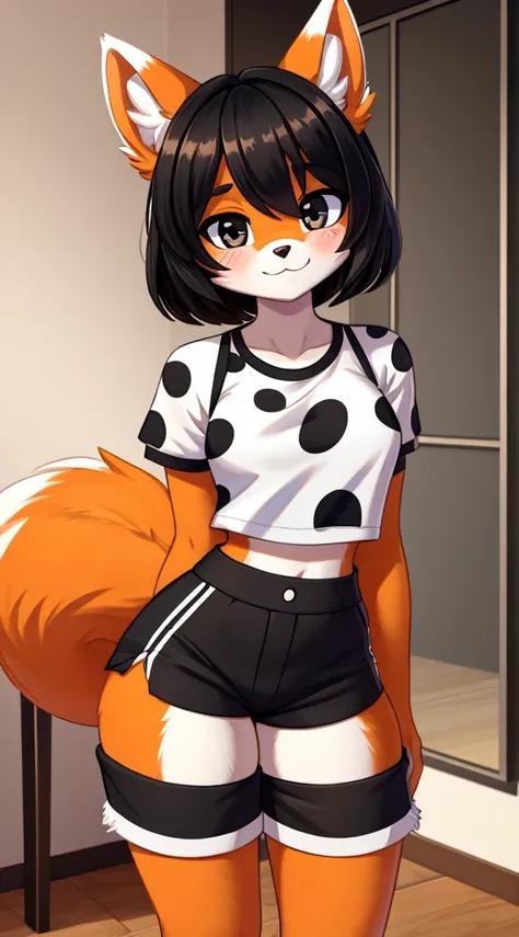 furry woman, with orange fur with, black and white spots, one black spot over her eye, cute, 8k,fuzzy fur,cute outfit, cute face...