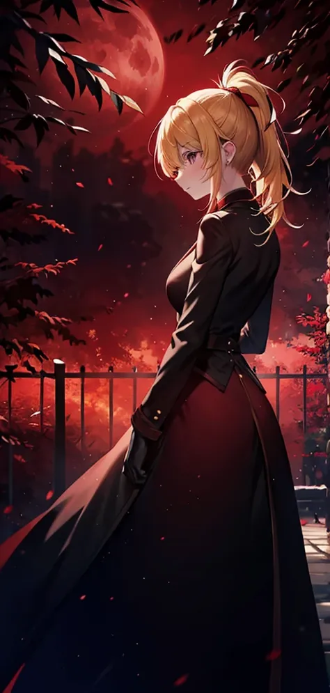 Blonde ponytail woman，long coat，Rear view，silhouette，sexy body，red forest，Red Moon，Red Night，Gate，Gateの先に別世界，