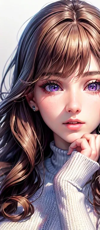 (curly chocolate long brown hair:1.1,lilac eyes:1.1,beautiful detailed eyes:1.2,detailed lips,long eyelashes),(best quality,realistic:1.37),(soft lighting),(portrait,illustration),(cream sweater pajama),(surprised expression).

You can generate a descripti...