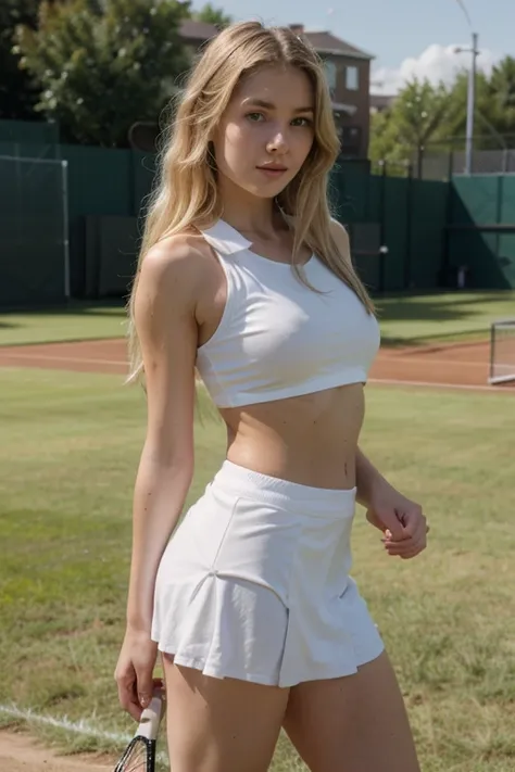 15 year old white skin colored blonde girl with very Big tits 200cm, 40cm waist and 150cm tail, wearing   a tennis uniform