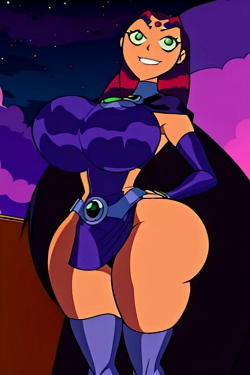 Teen titans, Starfire and raven, 2girl, ((bimbo))), smile face, green eyes, long red hair, wide hips, thick thigh, big breast, huge ass, shiny skin, oily skin, purple skirt, purple top, cock, cum