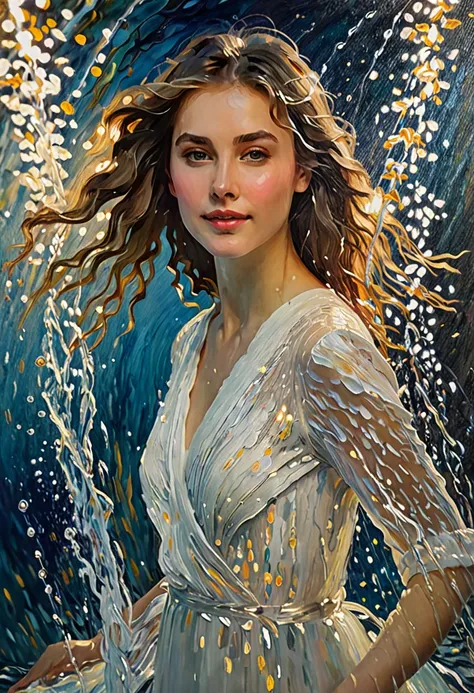 oil painting,a beautiful girl, graceful, aesthetic, in abstract water, solo, light particles, rotating lights, looking at viewer...