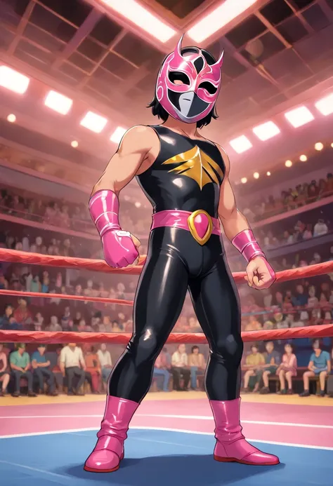 a young hispanic wrestler with a wrestling mask that only shows his eyes, su torso al descubierto, long black latex wrestling pants with pink designs, posa con confianza en el ring.